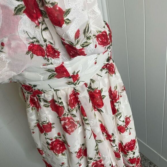 Blue Rain Women XS Square Neck White Red Floral Mini Peasant Dress Balloon Sleev - Picture 7 of 16